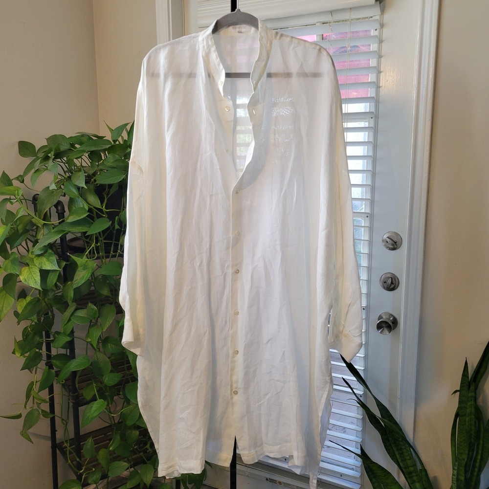 Eskandar White 100% Linen Oversized Band Collar Button Down Shirt Slits Size 2